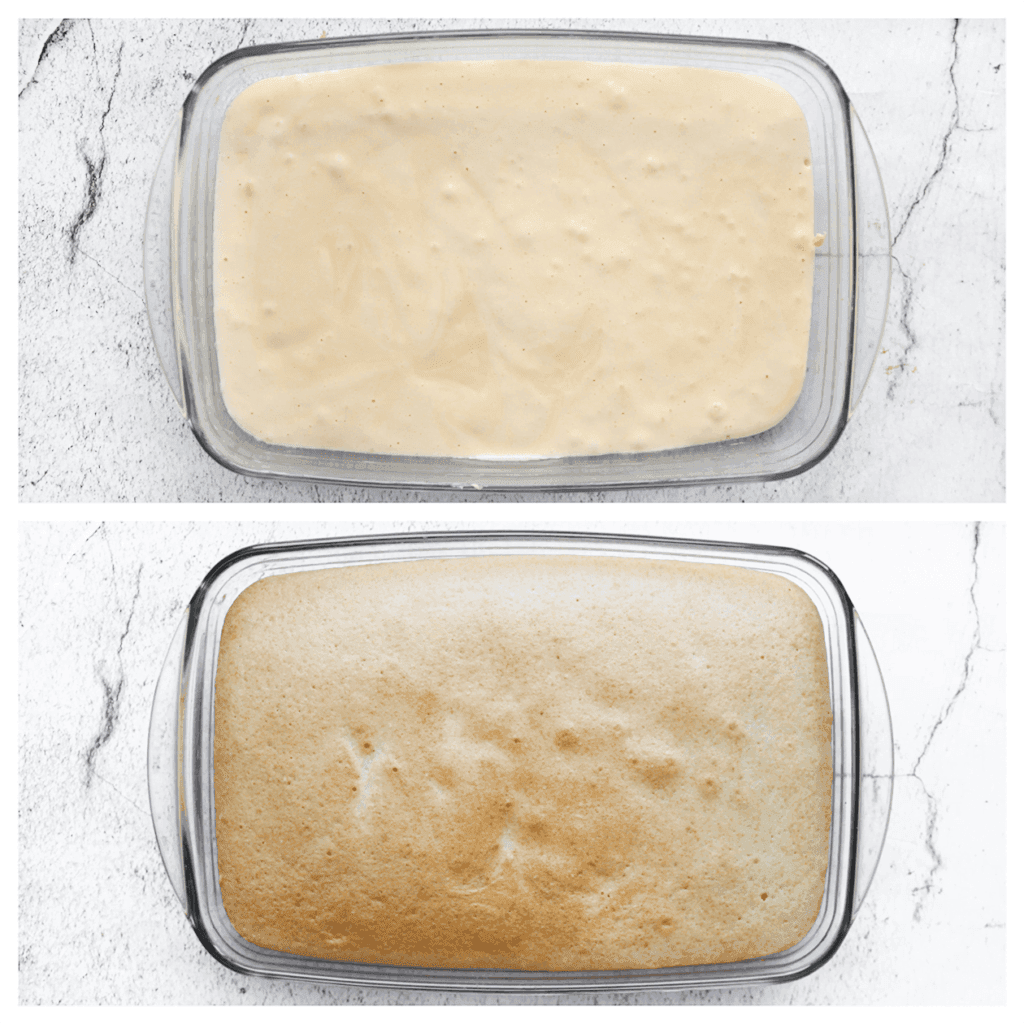 Vet de ovenschaal grondig in en giet het beslag erin. Plaats de ovenschaal in een voorverwarmde oven op 160 ℃. Bak 30-35 minuten, maar houd de bakduur goed in de gaten, aangezien ovens kunnen variëren. Als een satéprikker er droog uitkomt wanneer je deze in de cake prikt, is de cake gaar.