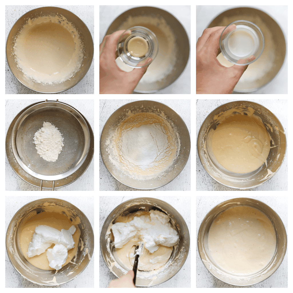 Voeg de zonnebloemolie en melk toe, en meng goed. Zeef de bloem en het bakpoeder boven de kom en mix opnieuw tot een gladde massa. Voeg de helft van het opgeklopte eiwit toe en spatel dit voorzichtig door het mengsel van de eidooiers. Let op: vermijd krachtig roeren, omdat dit de luchtigheid van de cake teniet kan doen. Voeg vervolgens het overgebleven eiwit toe en spatel dit zo luchtig mogelijk door het beslag.