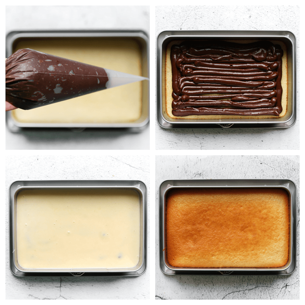 Spuit het chocolademengsel over de cake en laat de zijkanten leeg. Giet het overige cakebeslag over de cake en bak nog 25 minuten, of totdat de cake gaar is. Houd de baktijd in de gaten, aangezien elke oven anders werkt. Laat de cake afkoelen.