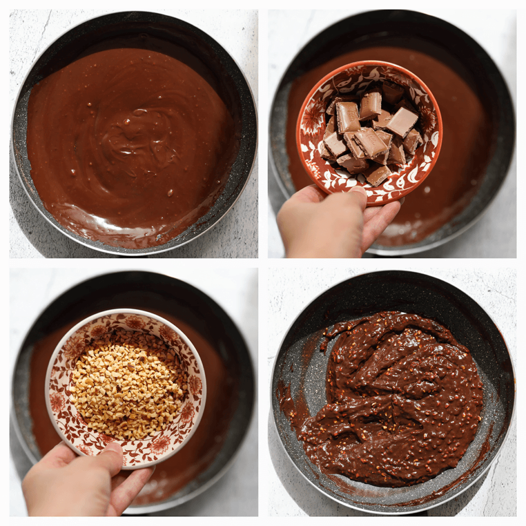Neem de koekenpan van het vuur en meng de stukjes chocolade erdoorheen. Laat dit 1 minuut staan en meng goed. Voeg tenslotte de gehakte hazelnoten toe en meng opnieuw tot alles goed vermengd is.