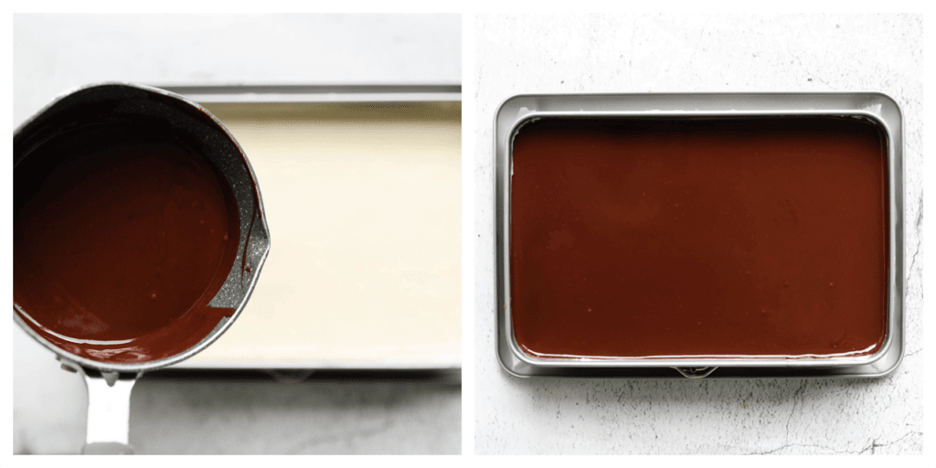 Giet de ganache over de room en verdeel deze gelijkmatig door de bakvorm heen en weer te bewegen.