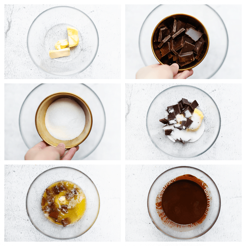 Doe de roomboter samen met de pure chocolade, vanillesuiker en suiker in een diepe kom. Smelt dit au bain-marie. Meng goed tot een geheel.