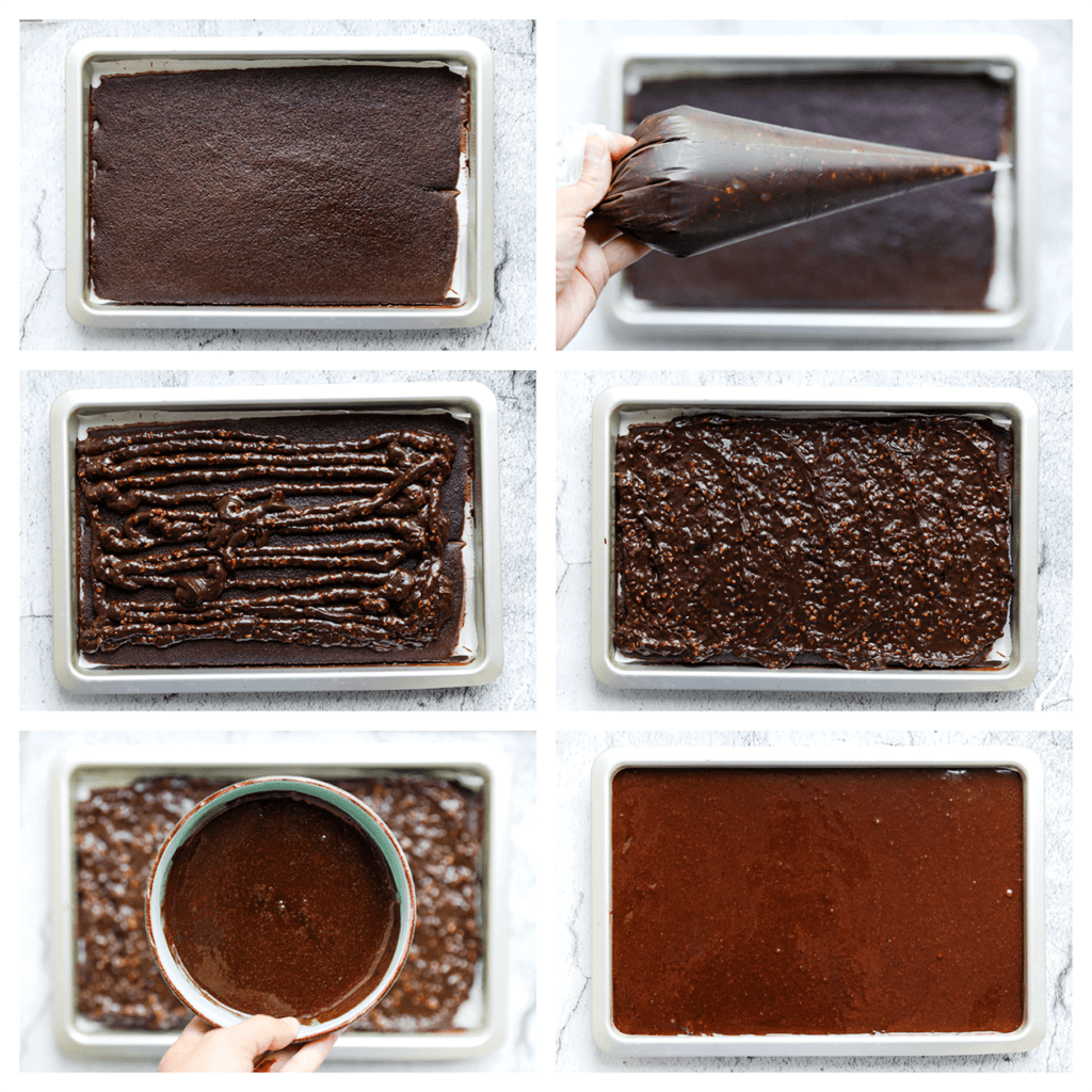 Verdeel het hazelnotenmengsel gelijkmatig over de chocoladecake en zorg voor een egale laag. Voeg dan de overgebleven chocoladecakebeslag toe en verdeel dit gelijkmatig.