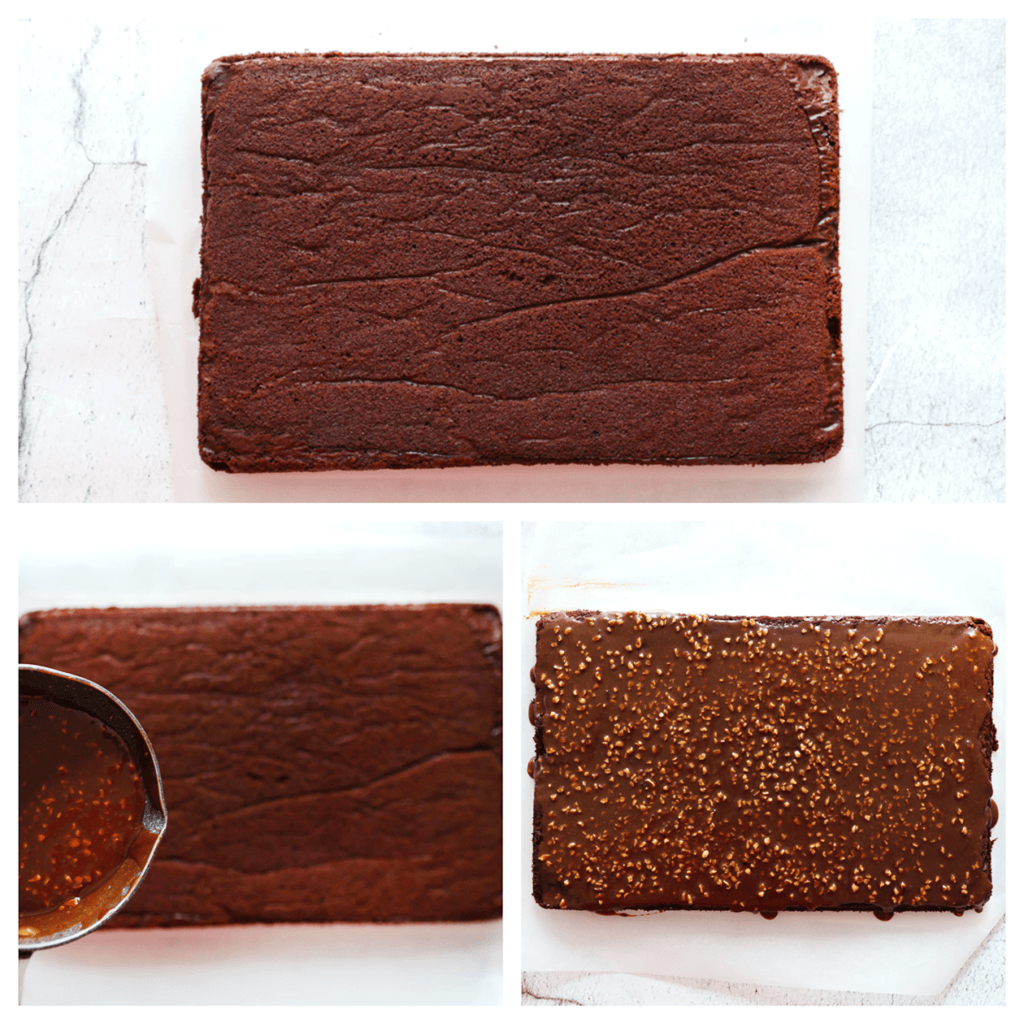 Giet dit chocolademengsel over de chocoladecake en zorg voor een gelijkmatige verdeling.