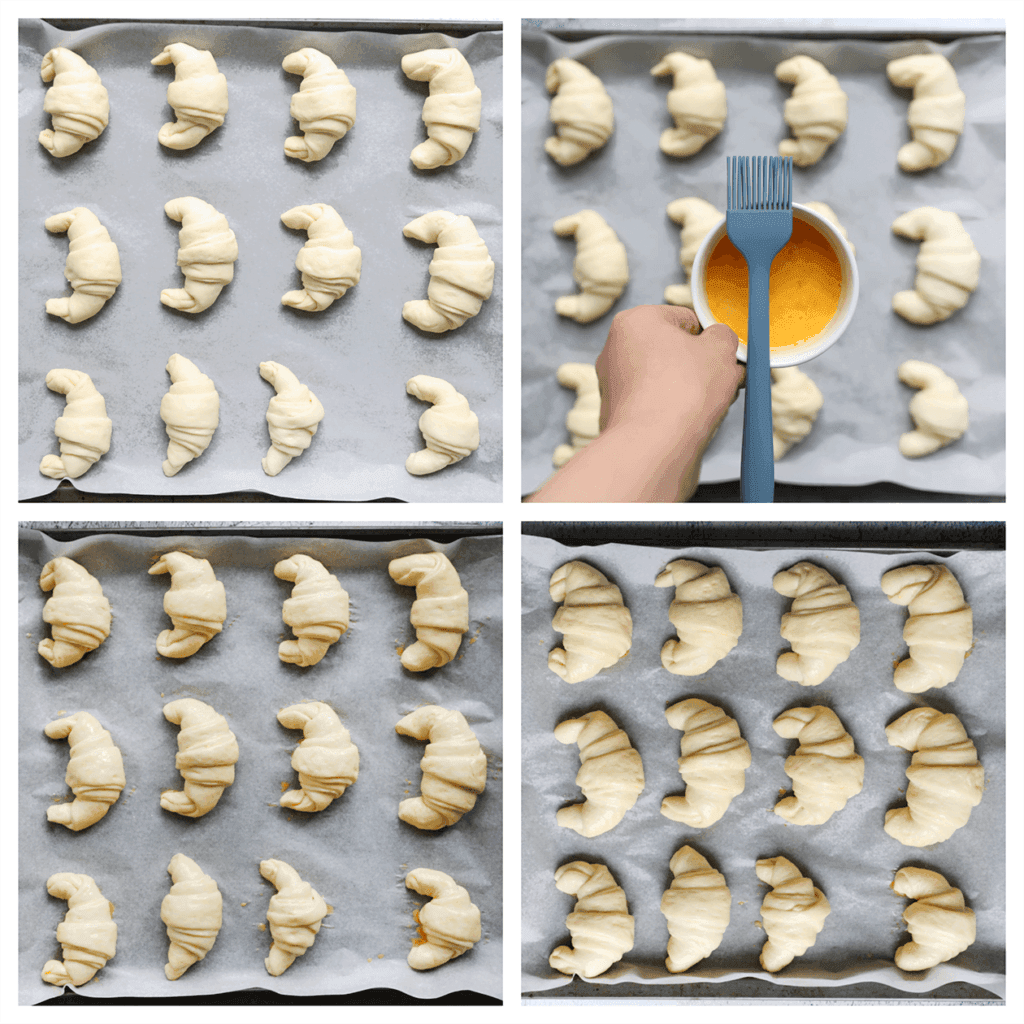 Plaats de croissantjes op een bakplaat bekleed met bakpapier. Bestrijk ze met het geklutste ei en laat ze 30 minuten rijzen, of totdat het deeg in omvang is verdubbeld.