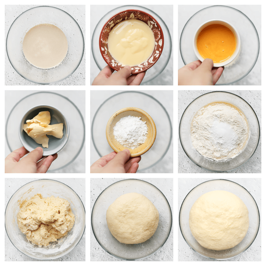 Voeg de vanillevla toe en mix alles tot een glad geheel. Voeg geleidelijk het geklutste ei toe terwijl je blijft mixen. Voeg daarna de roomboter, bloem, het bakpoeder en zout toe. Meng alles tot een samenhangend deeg en kneed het gedurende 10-12 minuten. Dek het deeg af en laat het 1 uur rijzen op een warme plek in huis, totdat het deeg in omvang is verdubbeld.