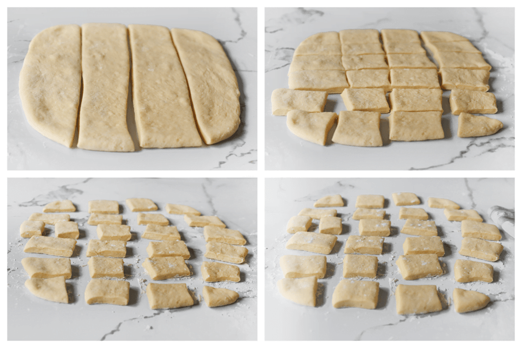 Snijd het deeg met een pizzasnijder of mes in stukken en laat het 30 minuten rijzen, of totdat het deeg weer in omvang is verdubbeld.