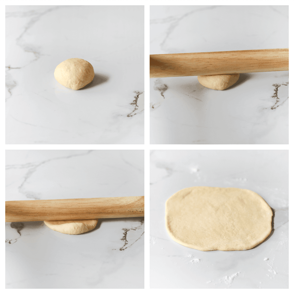 Rol elk bolletje deeg op een met bloem bestoven werkplek plat met een deegroller tot het een diameter heeft van ongeveer 14 cm.