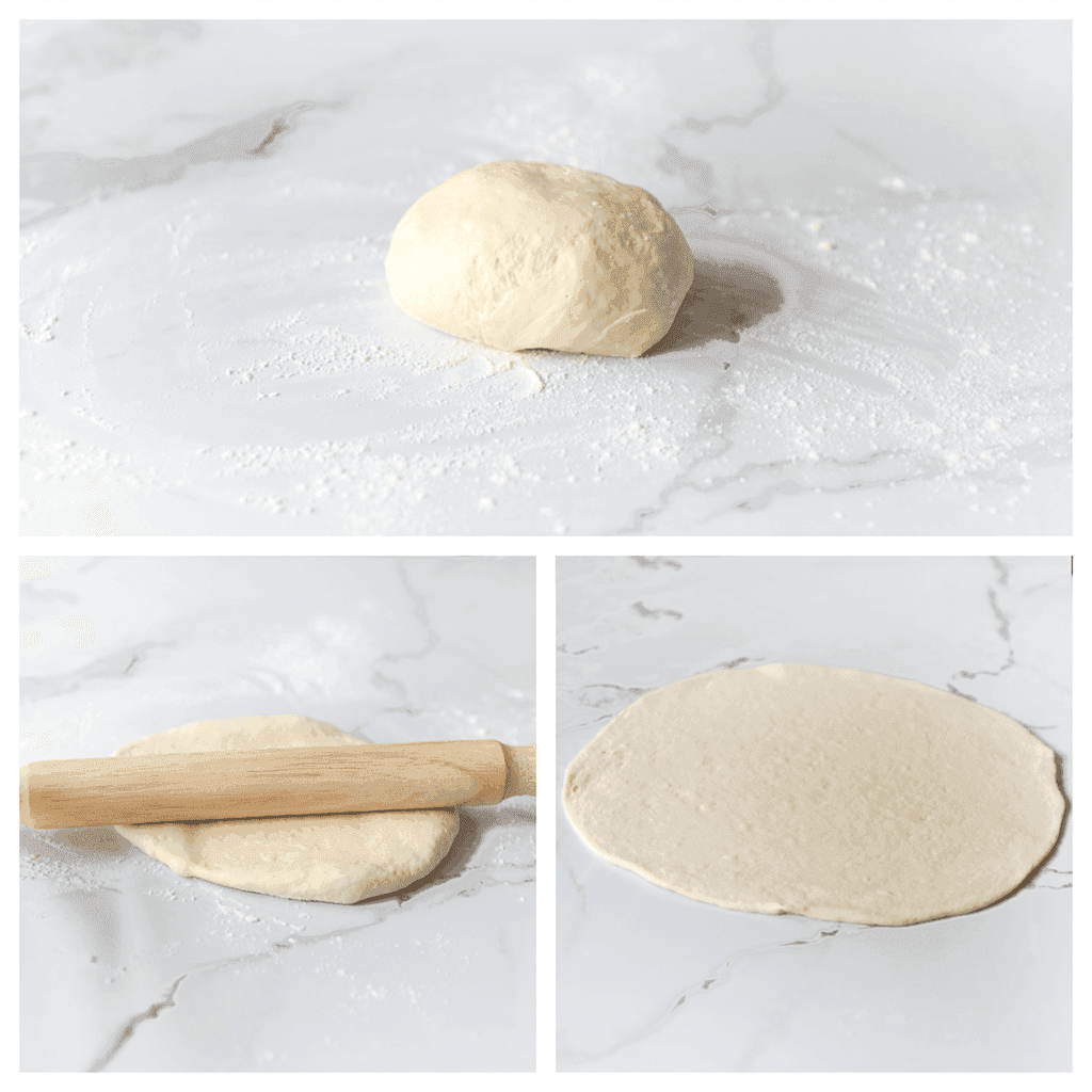 Stort het deeg op een met bloem bestoven werkblad en rol het uit tot een ronde lap. Herhaal deze stappen met het overige deeg.