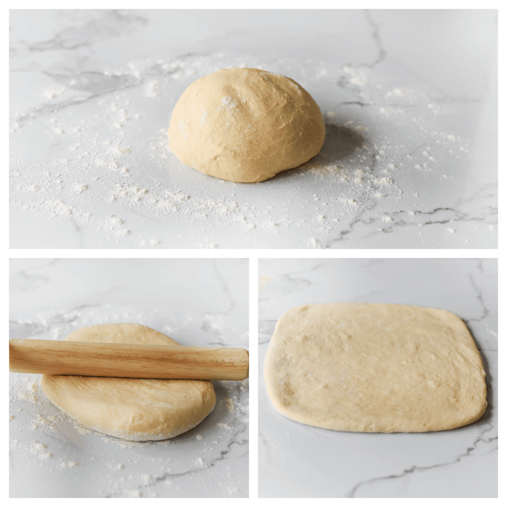 Stort het deeg op een met bloem bestoven werkplek en rol het uit tot een vierkante lap.