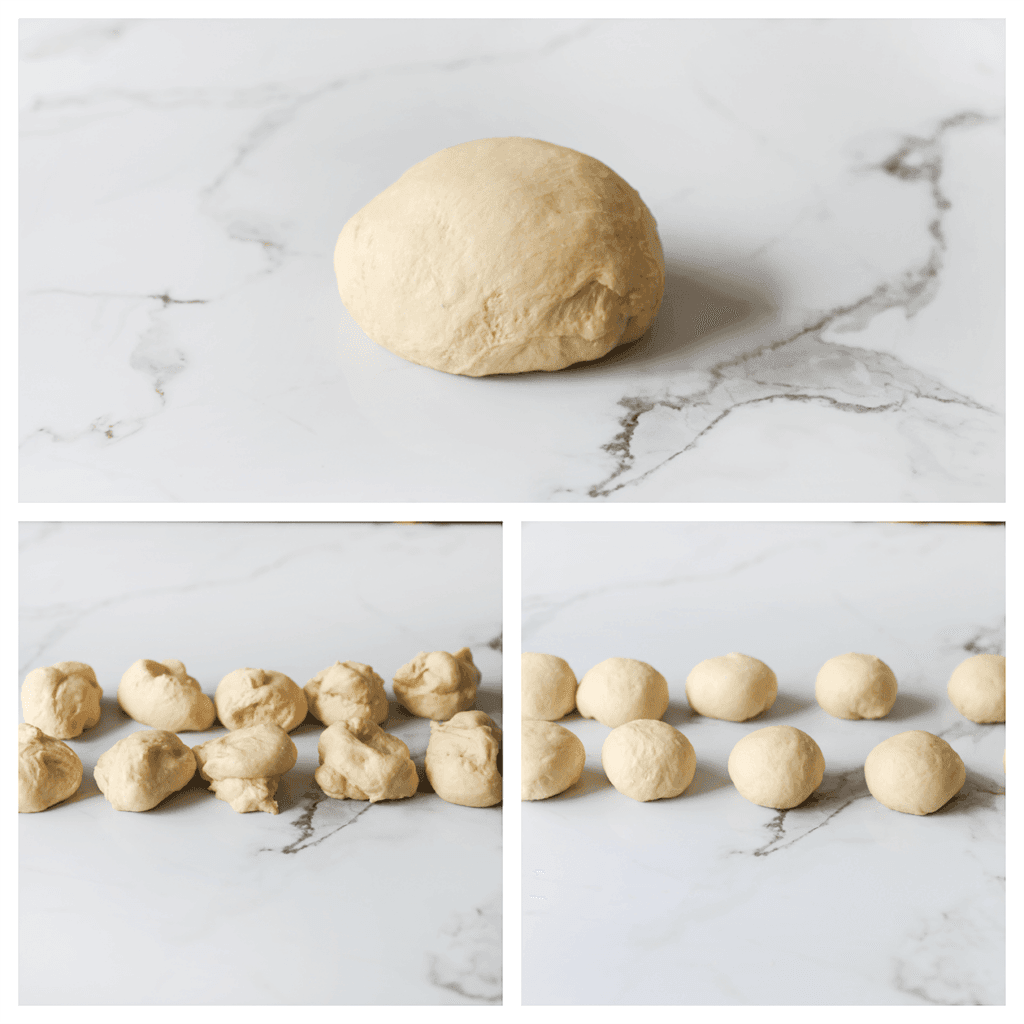 Verdeel het deeg in 10 porties (65 gr per bol) en vorm ze mooi rond.