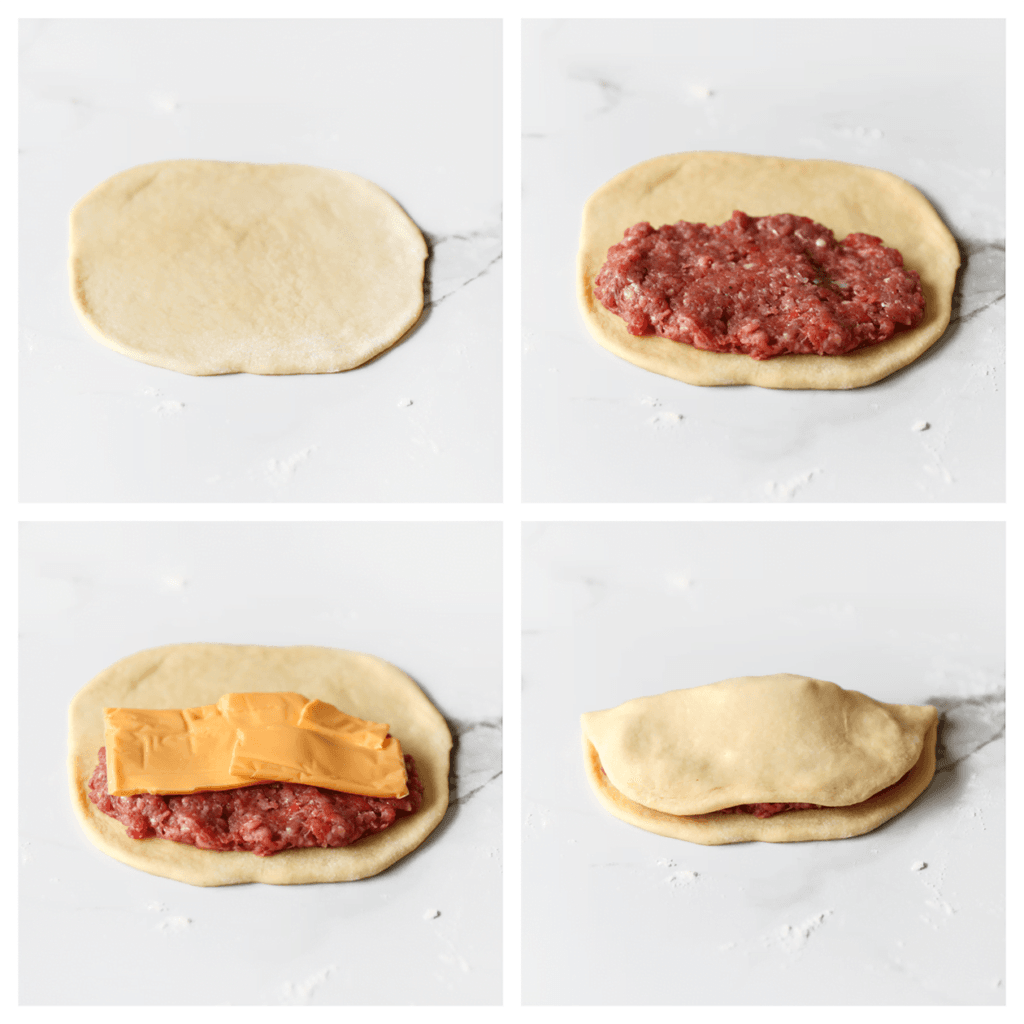 Neem wat van het gehakt en verdeel dit over de helft van het deeg. Optioneel: voeg kaas toe naar wens (dit is niet noodzakelijk). Vouw het deeg dicht. Herhaal deze werkwijze voor de andere bolletjes deeg.