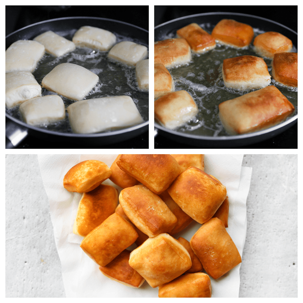 Verhit een laagje zonnebloemolie in een koekenpan op middelhoog vuur (175 ℃). Bak de vanille donuts aan beide kanten mooi goudbruin. Laat de donuts uitlekken op een vel keukenpapier.