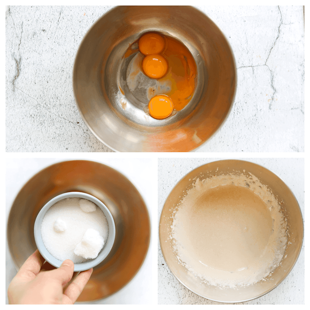 Klop het eigeel met de resterende suiker en een snufje zout op hoge snelheid gedurende 5-7 minuten, of totdat het mengsel een schuimige textuur krijgt met een lichtgele kleur. 