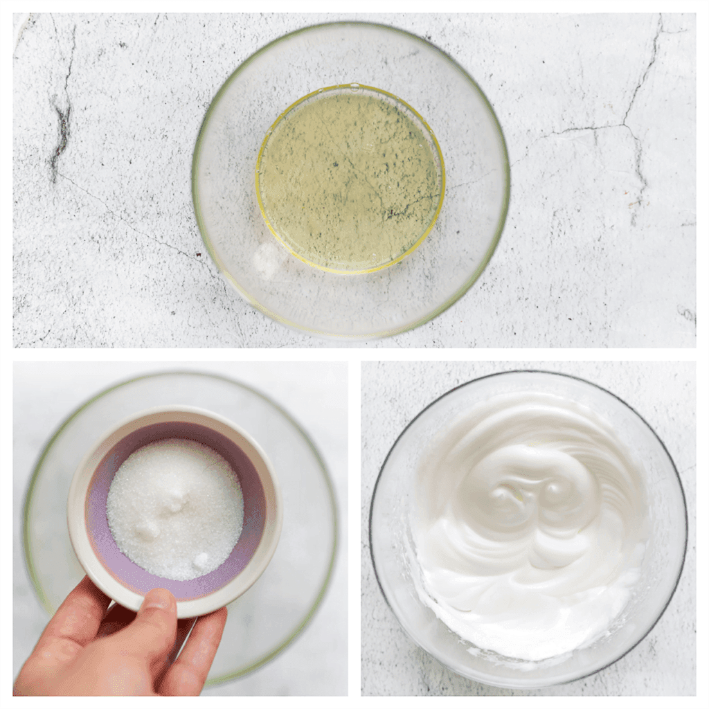 Klop de eiwitten samen met 40 gram suiker op de hoogste stand gedurende 5-7 minuten, of totdat het mengsel stevige witte pieken vormt.