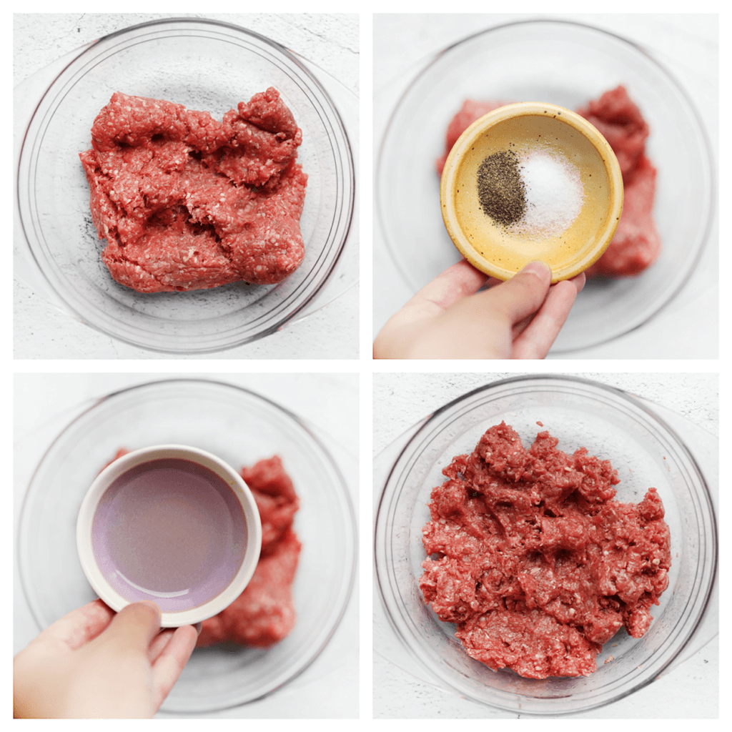 Doe het gehakt samen met de zwarte peper, het zout en de zonnebloemolie in een diepe kom. Meng goed.