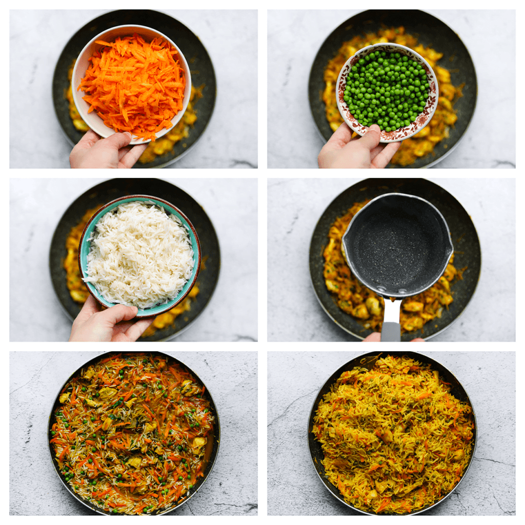 Voeg de geraspte wortel, doperwten, rijst en het water toe. Zet het vuur hoog en wacht tot het geheel begint te borrelen. Zodra het kookt, draai je het vuur laag. Dek de pan af en laat het geheel gedurende 10-15 minuten sudderen, of totdat de rijst al het water heeft geabsorbeerd.