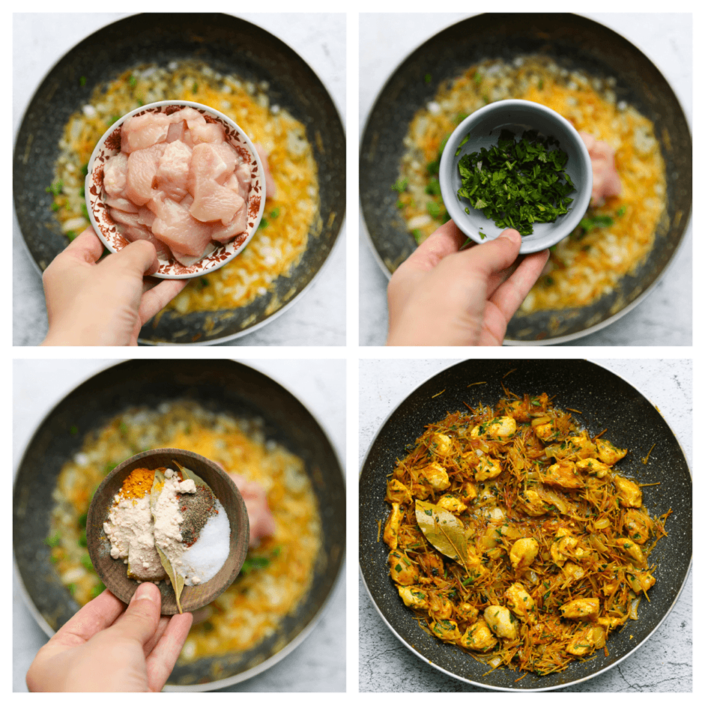 Voeg de stukjes kip, gehakte peterselie, kurkuma, zwarte peper, knoflookpoeder, zout en laurierblaadjes toe. Verkruimel het kippenbouillonblokje boven de koekenpan. Bak het geheel 5-6 minuten.
