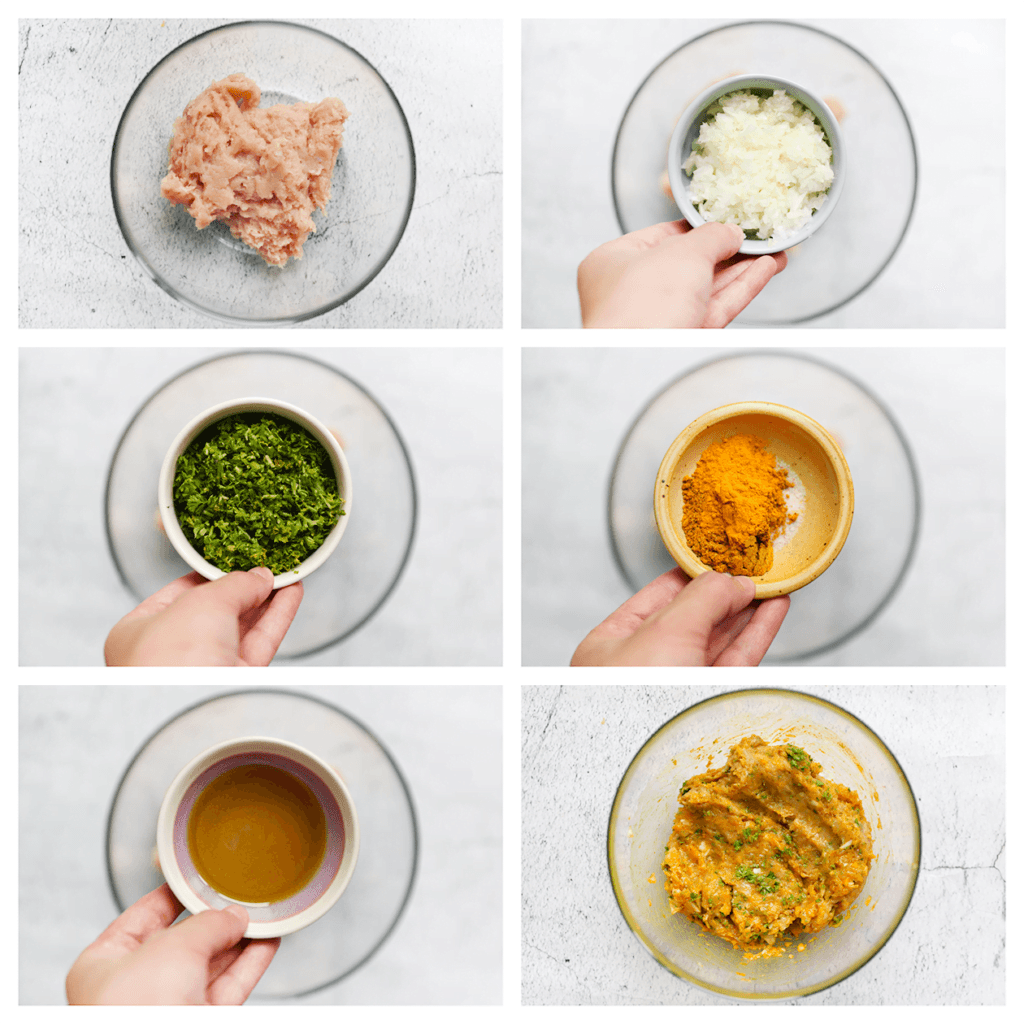 Doe het kipgehakt samen met de gesnipperde gele ui, gehakte peterselie, ras el hanout, zwarte peper, het zout, knoflookpoeder en de olijfolie in een diepe kom. Meng goed.