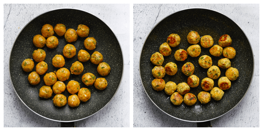 Neem wat van het kipgehakt en vorm er bolletjes van. Verhit een koekenpan op middelhoog vuur en bak de kipgehaktballen rondom goudbruin. Schep de kipgehaktballen voorzichtig uit de pan en leg ze apart.