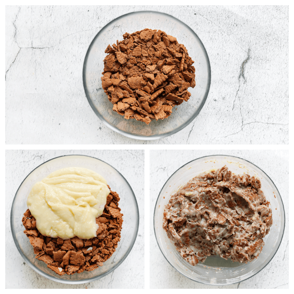 Breek de cacaobiscuit in stukken en doe deze in een diepe kom. Voeg het maïzenamengsel toe en meng tot een geheel.