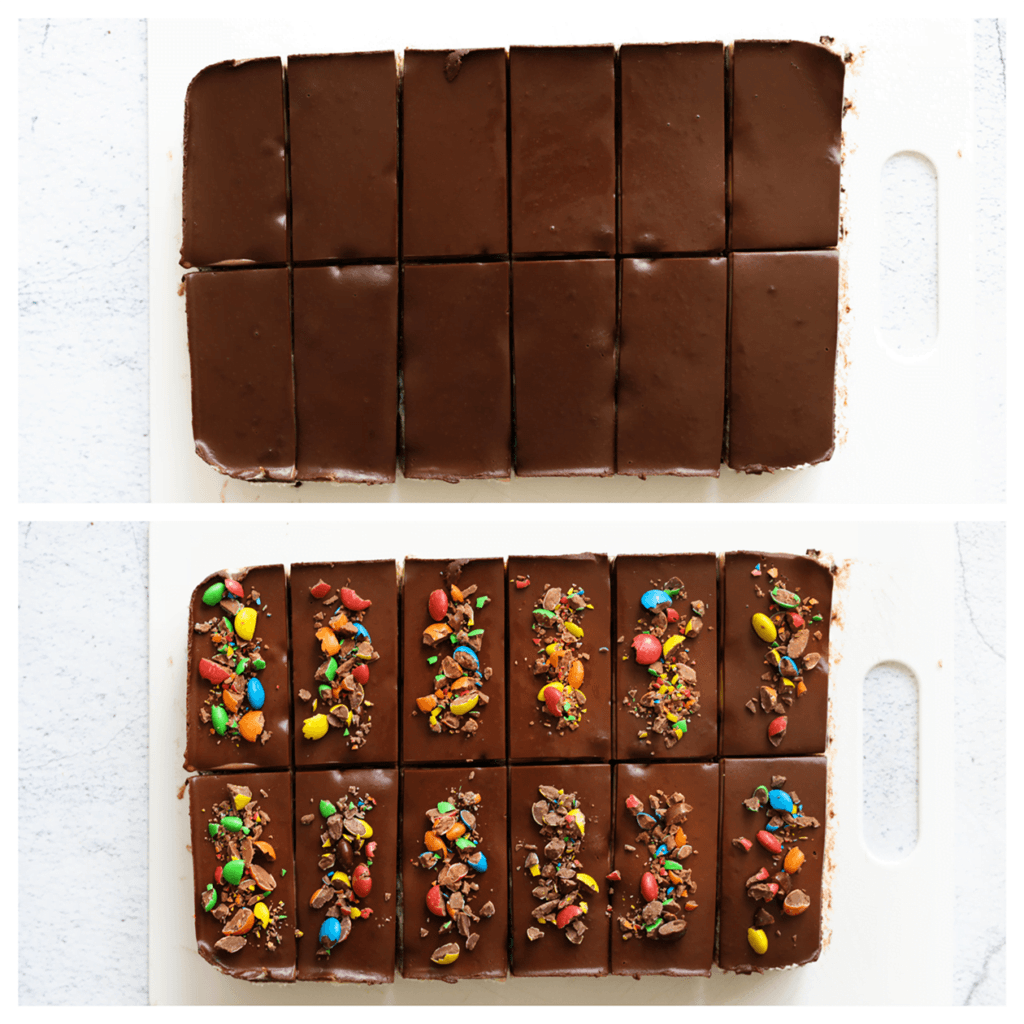 Snijd het M&M-dessert in gelijke stukken en garneer met gehakte M&M's.