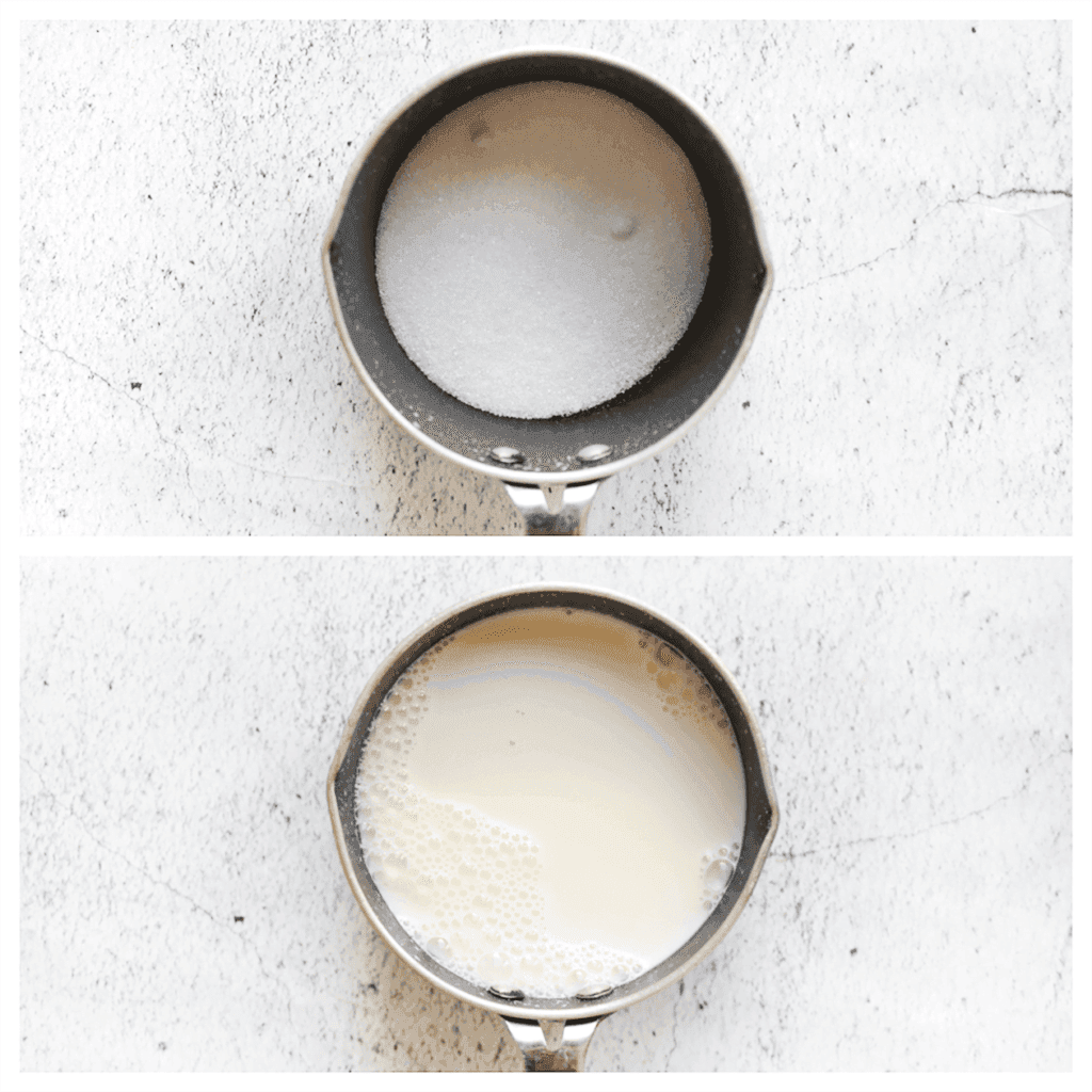 Combineer de suiker, melk en gecondenseerde melk in een steelpan. Verhit tot de suiker is opgelost. Laat het mengsel afkoelen.