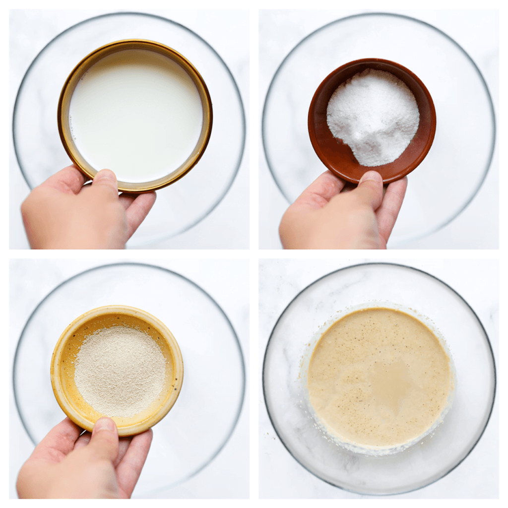 Neem een diepe kom en combineer de lauwwarme melk, gist, vanillesuiker en witte basterdsuiker. Meng alles goed door elkaar en laat het mengsel 5 minuten rusten. 