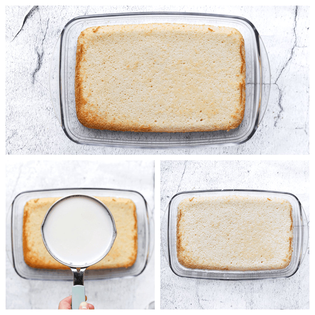 Prik met een satéprikker gaatjes in de cake en giet het afgekoelde melkmengsel over de warme cake. Laat de cake afkoelen. Voeg de helft van de geklopte slagroom toe en strijk het over de cake uit. Plaats een laag speculooskoekjes op de slagroom en bedek deze met nog een laag slagroom, die je gelijkmatig uitsmeert.