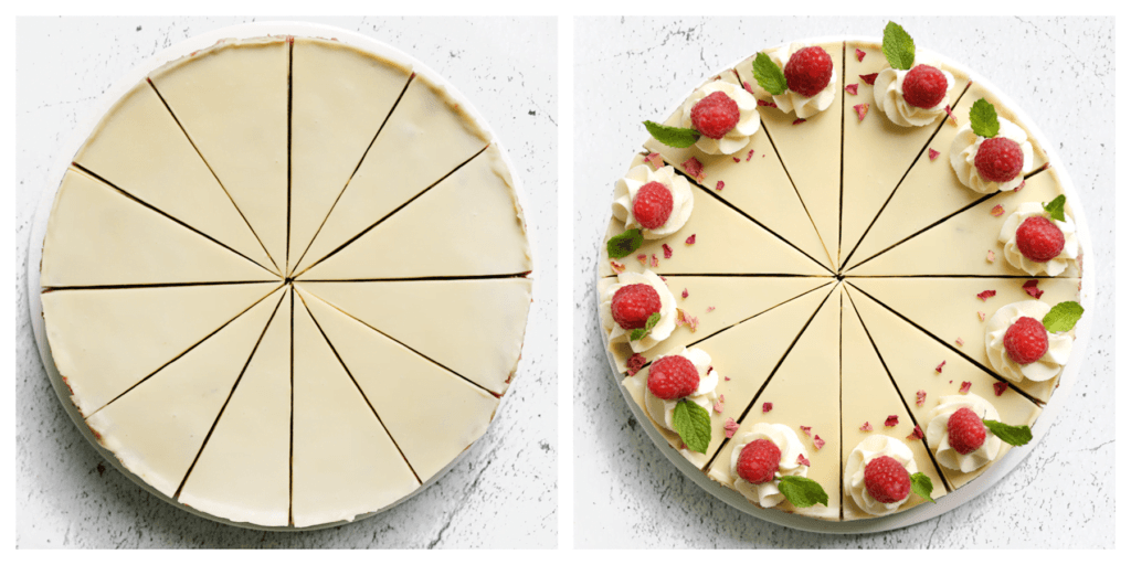 Snijd de no bake taart in puntjes en garneer naar wens. Ik heb ze gegarneerd met room, frambozen en verse muntblaadjes.