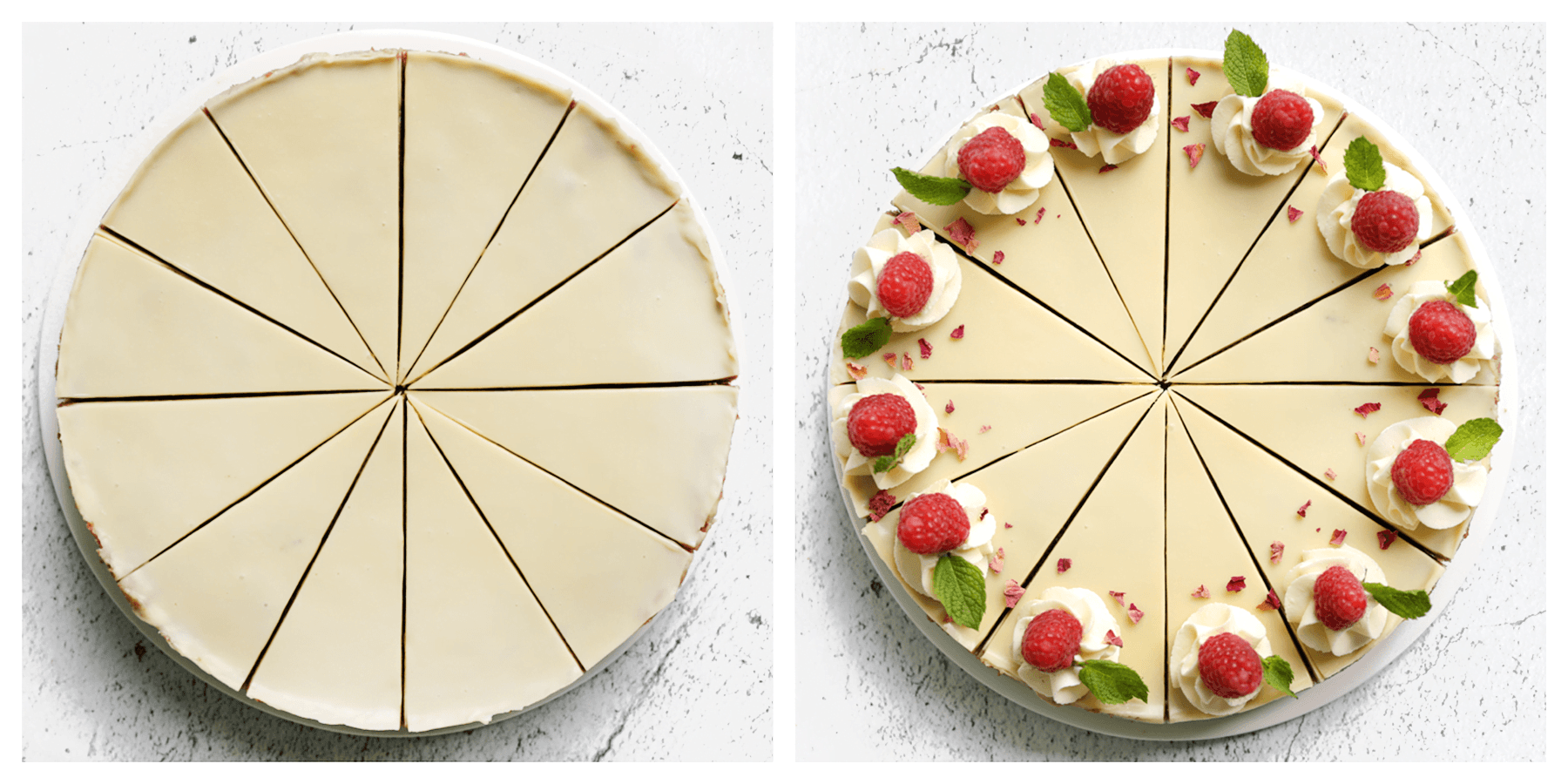 No bake taart aansnijden en garneren met room, frambozen en muntbladeren