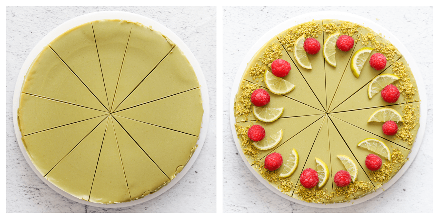 Pistache cheesecake aansnijden en garneren met frambozen, pistachenoten en limoen