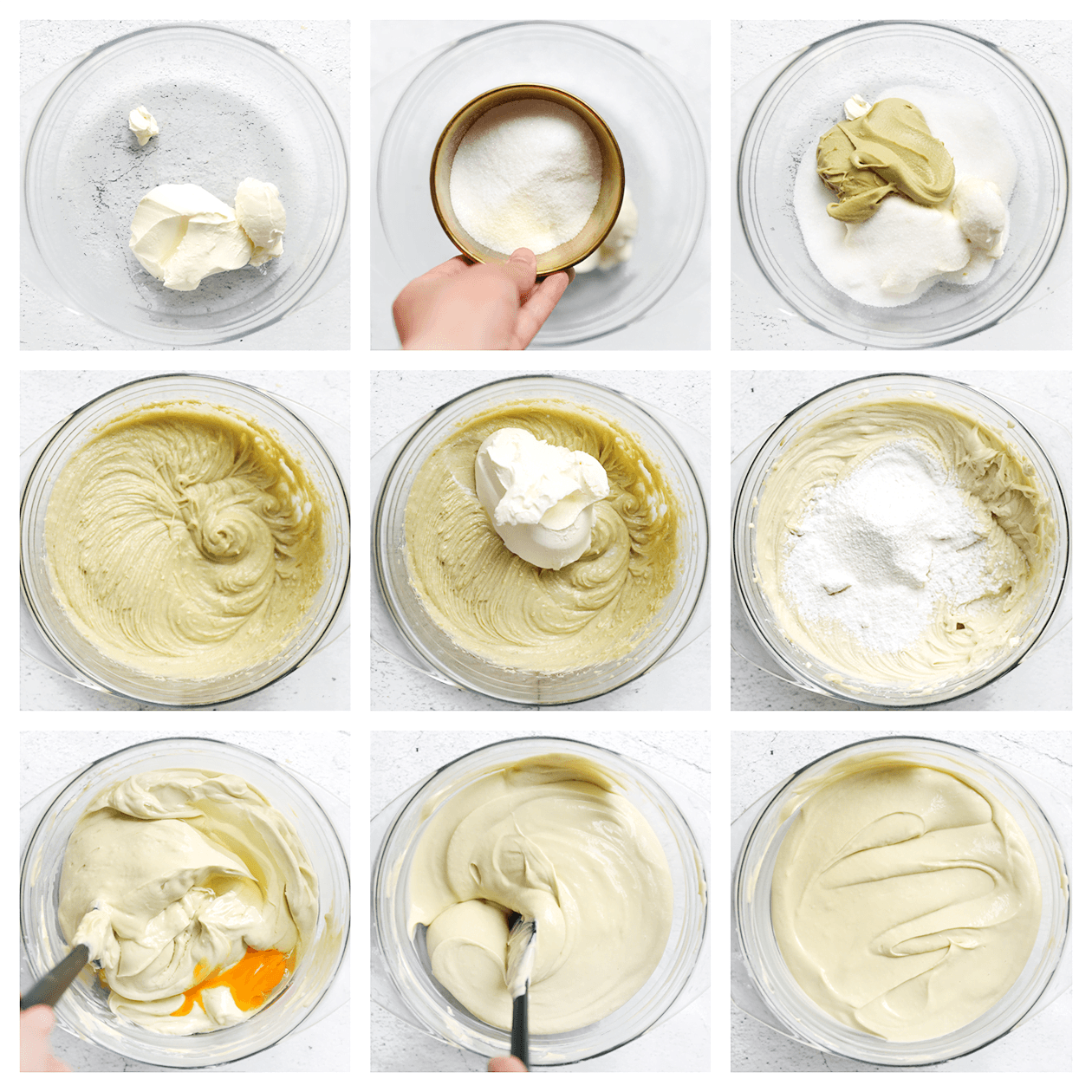 Pistache cheesecakebeslag mengen in een diepe kom