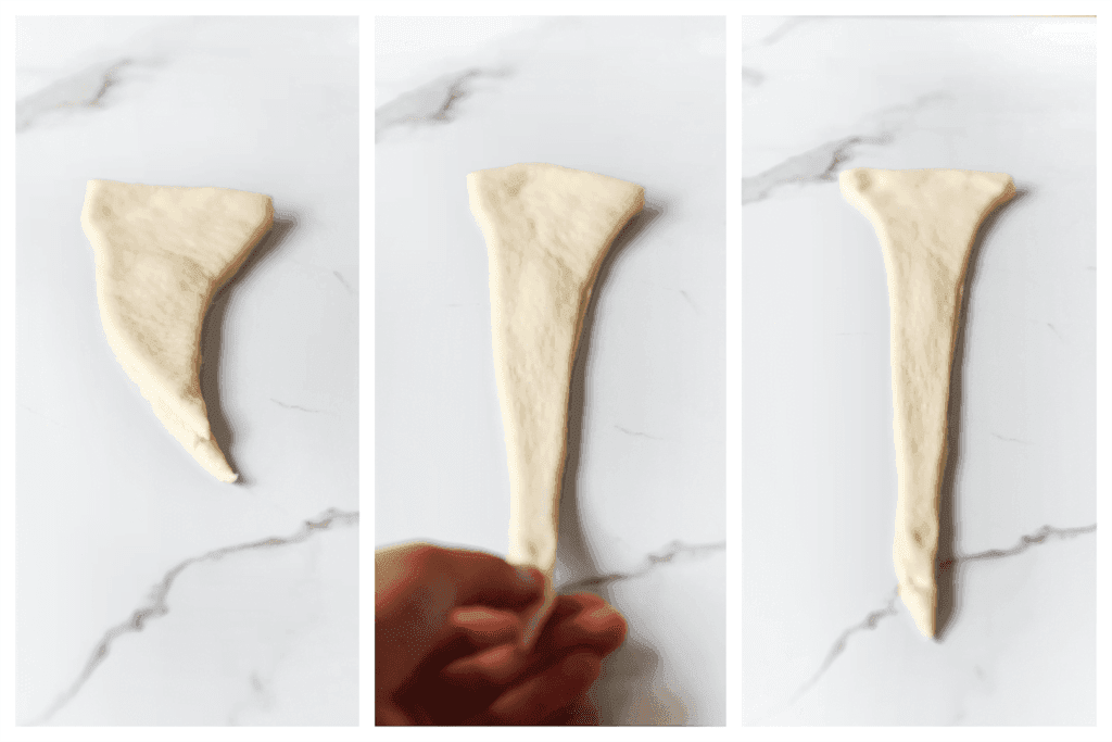 Vorm de croissantjes: Neem een puntje deeg en rek het voorzichtig uit. 