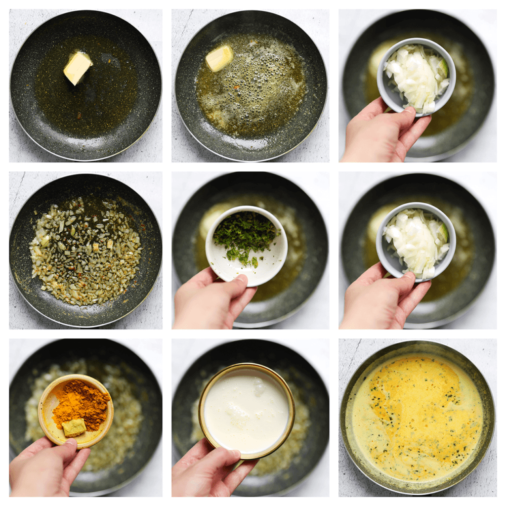 Ga verder in dezelfde koekenpan. Verhit de roomboter samen met de olijfolie in een koekenpan op middelhoog vuur. Voeg de gesnipperde gele ui toe en bak 2-3 minuten of tot ze goudbruin zijn. Voeg de fijngehakte peterselie en ras el hanout toe. Verkruimel het kippenbouillonblokje boven de pan en meng alles goed door elkaar. Voeg de ongeklopte slagroom toe en kook 3-4 minuten. Voeg de kipgehaktballen toe en laat ze meekoken tot de saus goed is ingedikt.