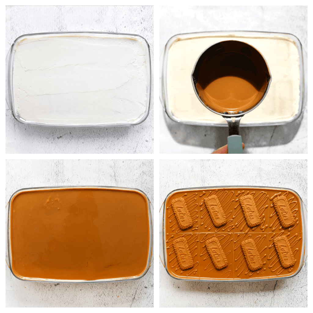 Verspreid de vloeibare speculoospasta over de laag slagroom en laat het geheel enkele uren, bij voorkeur een hele nacht, in de koelkast staan. Werk daarna af door lijnen speculoospasta en koekjes als garnering toe te voegen.