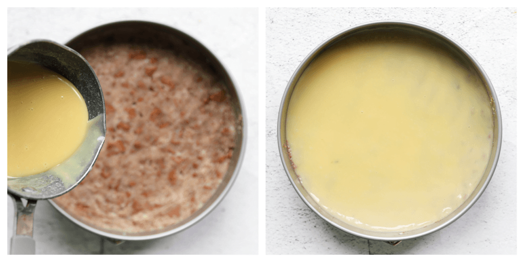 Giet de witte chocolade ganache over het koekjesmengsel en verdeel deze gelijkmatig erover. Leg de taart, afgedekt, in de koelkast om op te stijven, het liefst een nachtje.