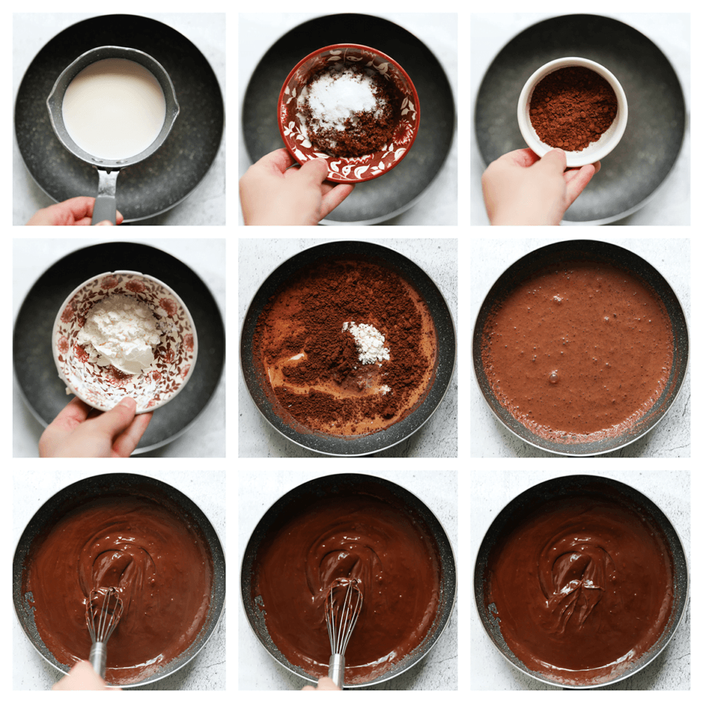 Verhit de melk samen met de vanillesuiker, donkerbruine basterdsuiker, maïzena en het cacaopoeder in een koekenpan op middelhoog vuur. Meng al roerend met een garde tot het geheel dikker wordt.