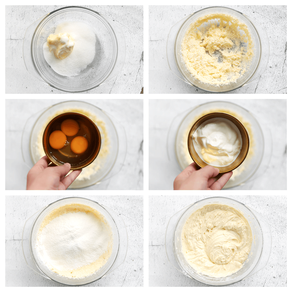 Doe de suiker samen met de vanillesuiker en de roomboter in een diepe kom. Mix tot een geheel. Breek de eieren een voor een boven de kom en mix goed. Voeg de Griekse yoghurt en het oranjebloesemwater toe. Mix tot een gladde massa. Zeef de bloem en het bakpoeder boven de kom. Mix tot een geheel.