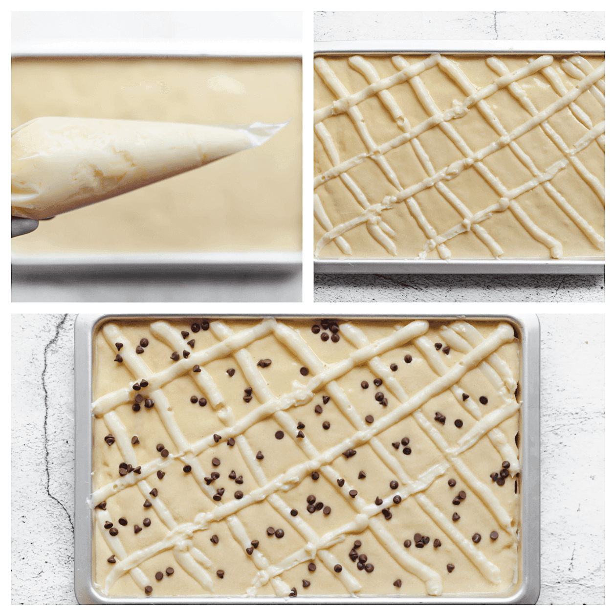 Cake garneren met gele room en chocoladedruppels