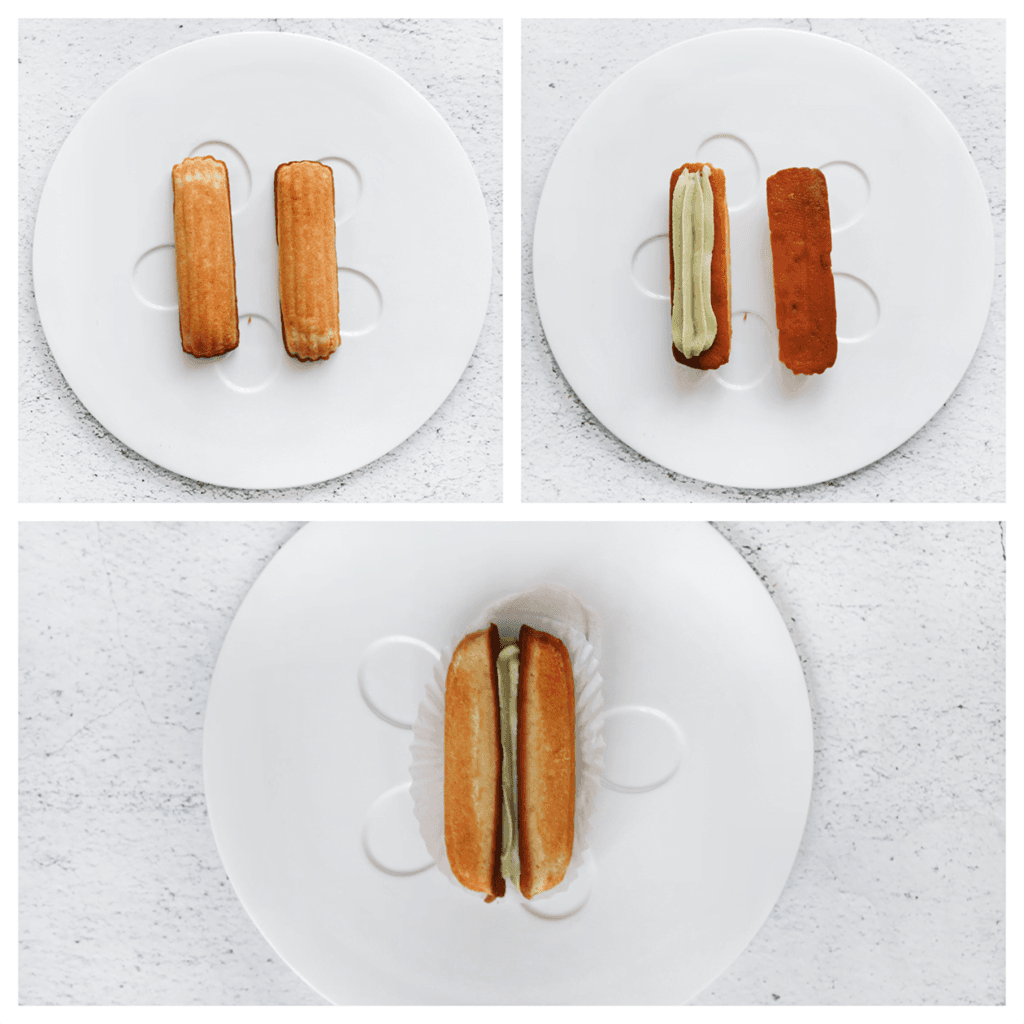 Neem een magdalena en spuit een beetje van de pistacheroom op de bovenkant van de magdalena. Plaats een tweede magdalena er bovenop: Leg een andere magdalena bovenop de eerste, zodat de pistacheroom tussen de twee magdalena's zit. Druk ze voorzichtig iets aan zodat ze goed samenkomen.