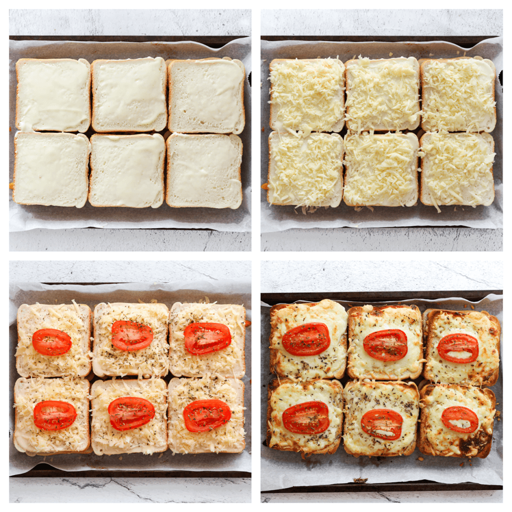 Top de broodjes af met een laagje smeerkaas, geraspte kaas en plakjes tomaat. Plaats de gevulde casinobroodjes met kip in een voorverwarmde oven op 200 °C. Bak ze gedurende 10 minuten, of totdat de broodjes mooi goudbruin zijn gekleurd.