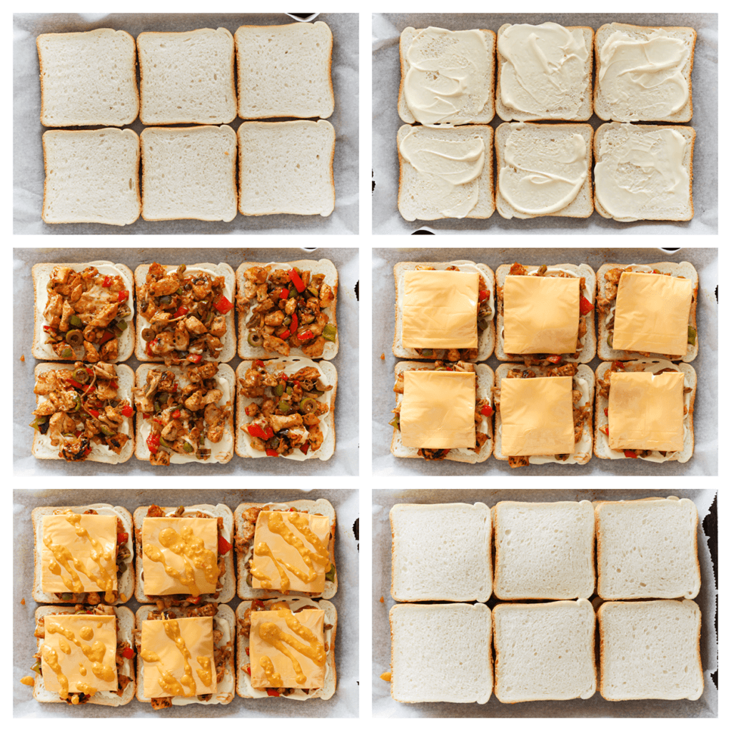 Verdeel de casinobroodjes over een bakplaat met bakpapier. Smeer er een laagje mayonaise over en verdeel het kipmengsel erover. Leg er een plakje cheddar kaas op, gevolgd door de Algerijnse saus. Bedek met de casinobroodjes.