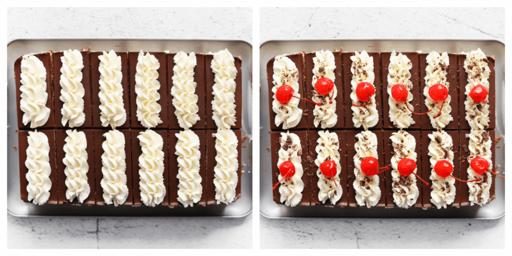 Garneer met een toefje room, gehakte chocolade en enkele kersen.