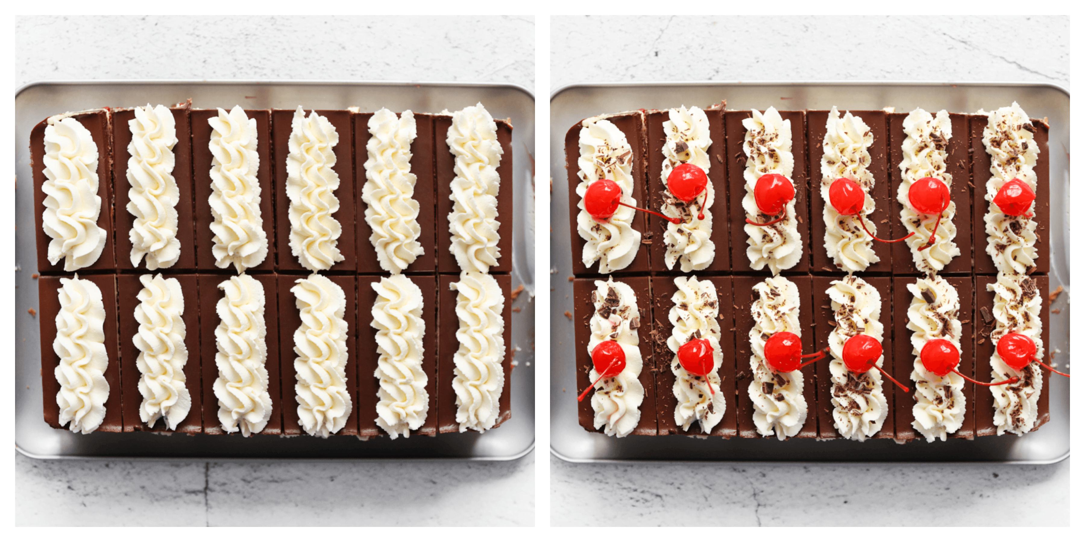 Cherry dessert garneren met room en kersen