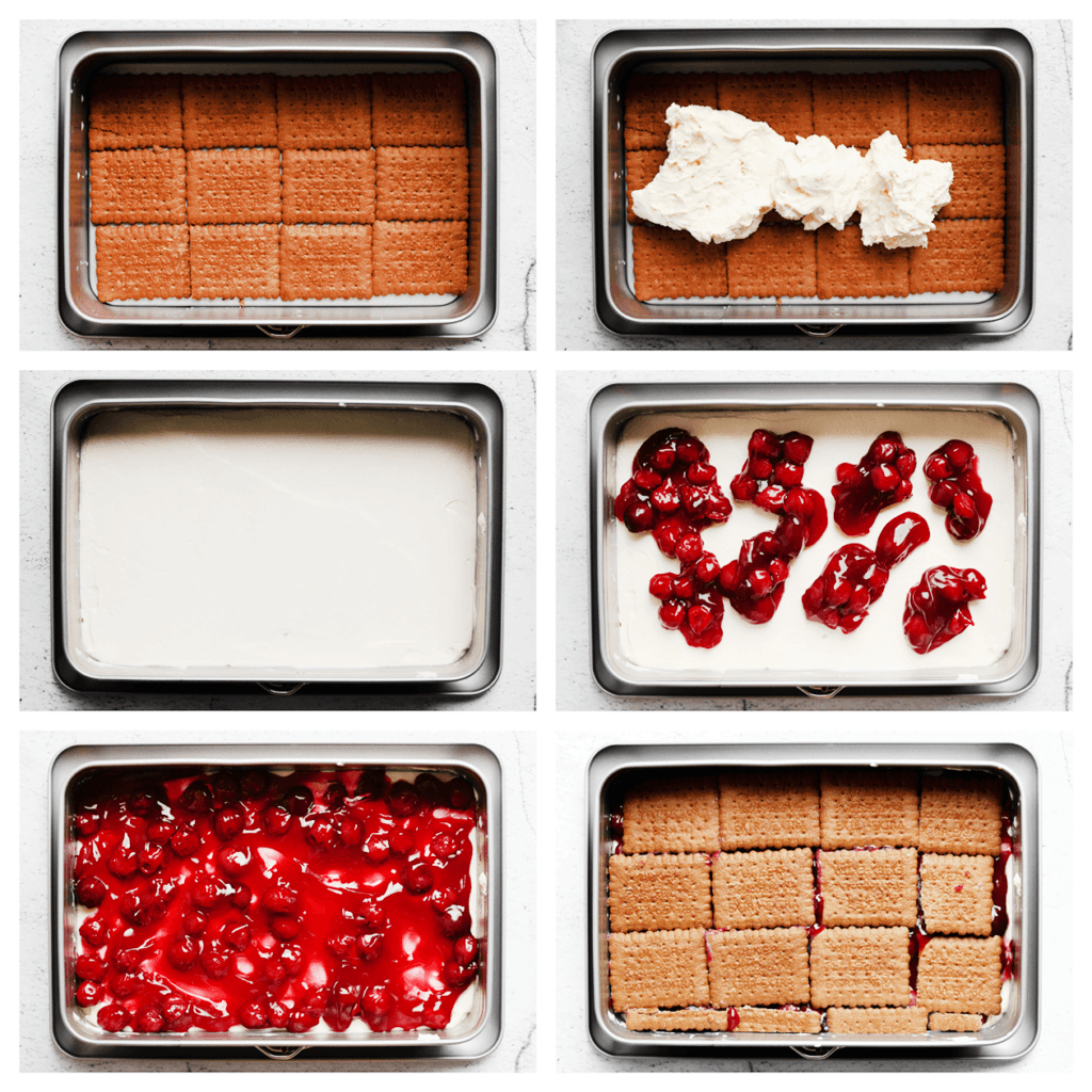 Schep wat room bovenop de cacaotheebiscuit en smeer deze gelijkmatig uit. Verdeel de vlaaifruitkersen erover. Haal de cacaotheebiscuit weer door de melk en leg deze boven op de vlaaifruitkersen.