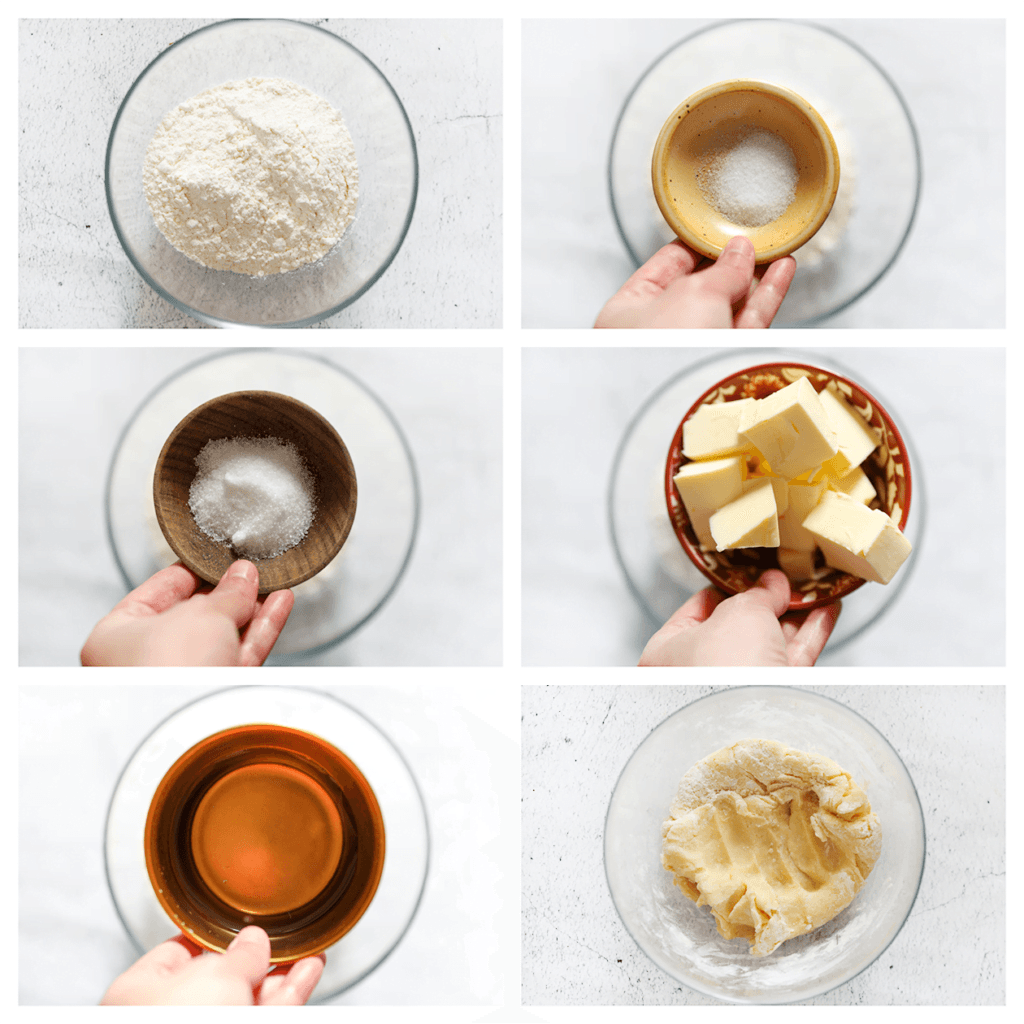 Doe de bloem samen met het zout, de suiker, de roomboter (op kamertemperatuur) en het water in een diepe kom. Meng goed en kneed tot een geheel.