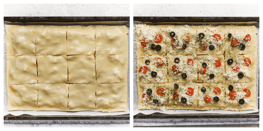 Snijd het deeg niet al te diep in stukken. Garneer met geraspte kaas, plakjes tomaat, zwarte olijven en gedroogde peterselie.