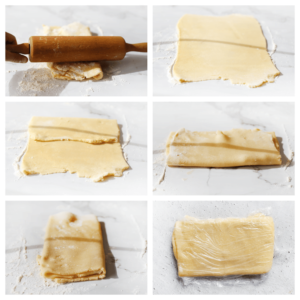 Rol het deeg weer uit tot een rechthoekige lap en vouw deze weer in. Pak het deeg in met huishoudfolie en leg het even in de koelkast.