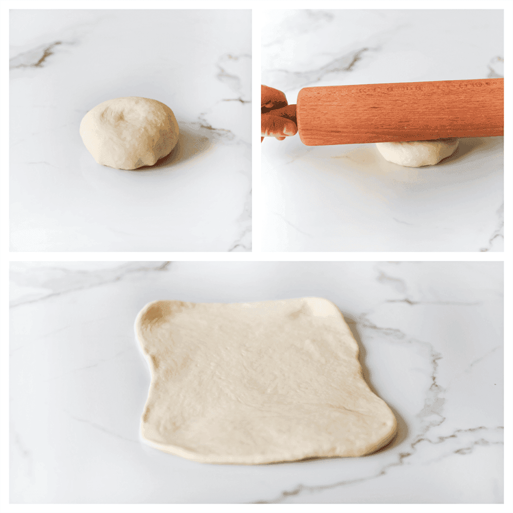 Neem een stukje deeg en rol het uit met een deegroller tot een lap die past bij de grootte van je ovenschaal.